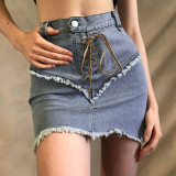 Fashionable and sexy stitching brushed eyelet lace-up denim skirt