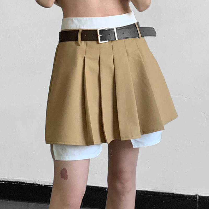 Small fresh and sexy high waist color matching pleated skirt is thin and anti-glare waist skirt