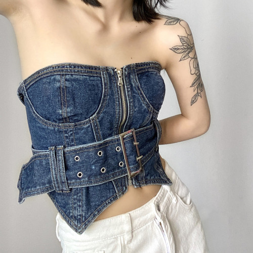 Celebrities with the same street hot girl sexy one-shoulder heavy industry corset denim vest new irregular chest top