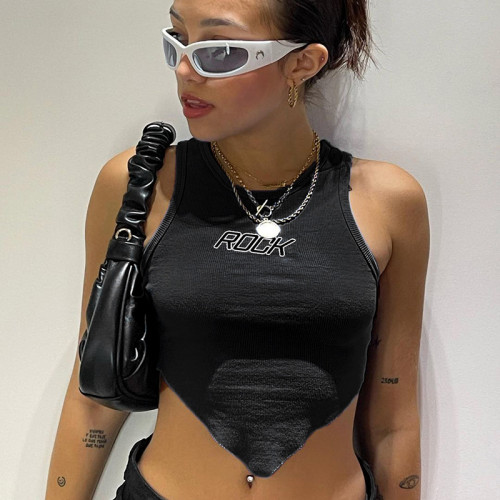 Solid color letter printing round neck vest personalized triangle scarf design tight T-shirt