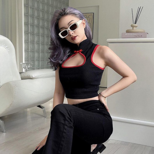Small fresh Chinese wind plate buckle hole sleeveless small vest new color matching waist bottoming top