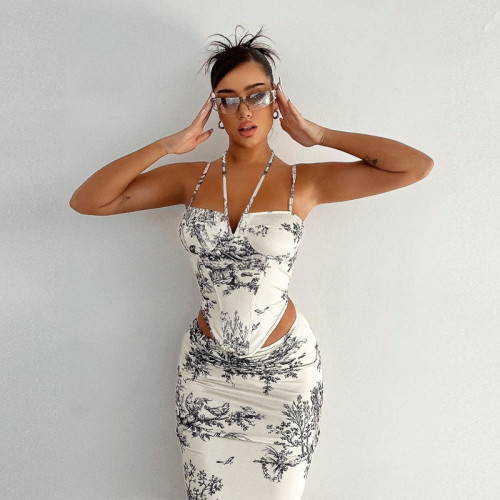 Retro style printed skirt two-piece fashion casual suit women