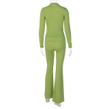 Solid Color Slim Fit Long Sleeve Hollow Micro Flared Pants Fashion Casual Suit Women