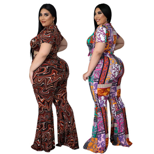 Fashion Plus Size Women's Nightclub Clothes Fashion Printed Short Sleeve Flared Pants Two Piece Set