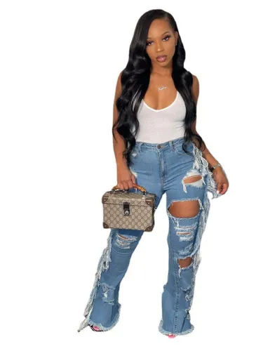 Front and rear ripped loose tassel flared jeans