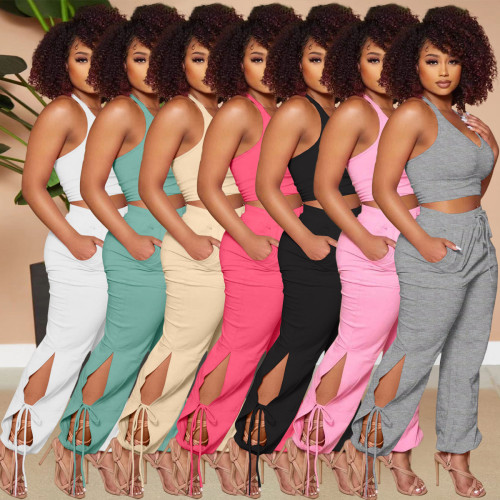 Women's solid color sexy deep V vest with trousers slit and lace wide leg two-piece suit