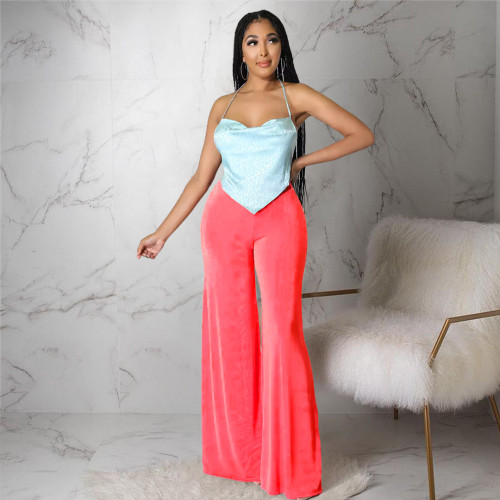 High Elastic Bobbi Fashion Solid Color Sling Pants Wide Leg Pants