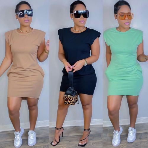 Women's Cute Multicolor Solid Color Shoulder Pad Dress