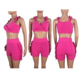 Sexy women's ruffled V open back solid color two-piece suit