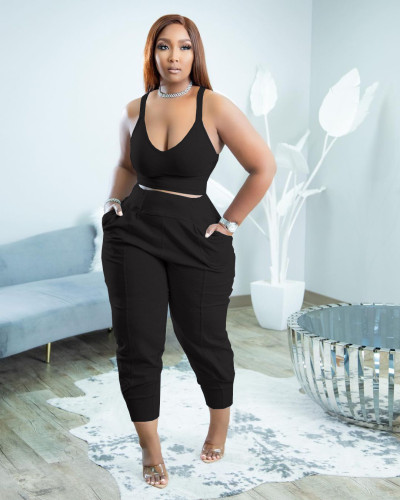 Women's Sexy Deep V Vest Two Piece Sports Suit