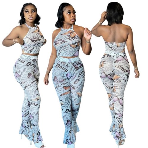 Fashion New Newspaper Butterfly Print Two Piece Set