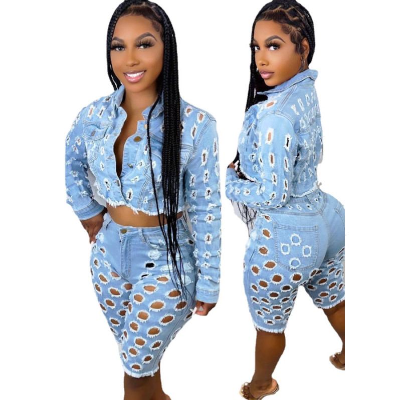 Women's sexy new fashion hole jeans + trend hole jacket top two-piece set