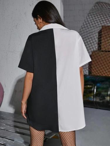 Fashion Top Contrast Color Loose Long Shirt Women (Without Belt)