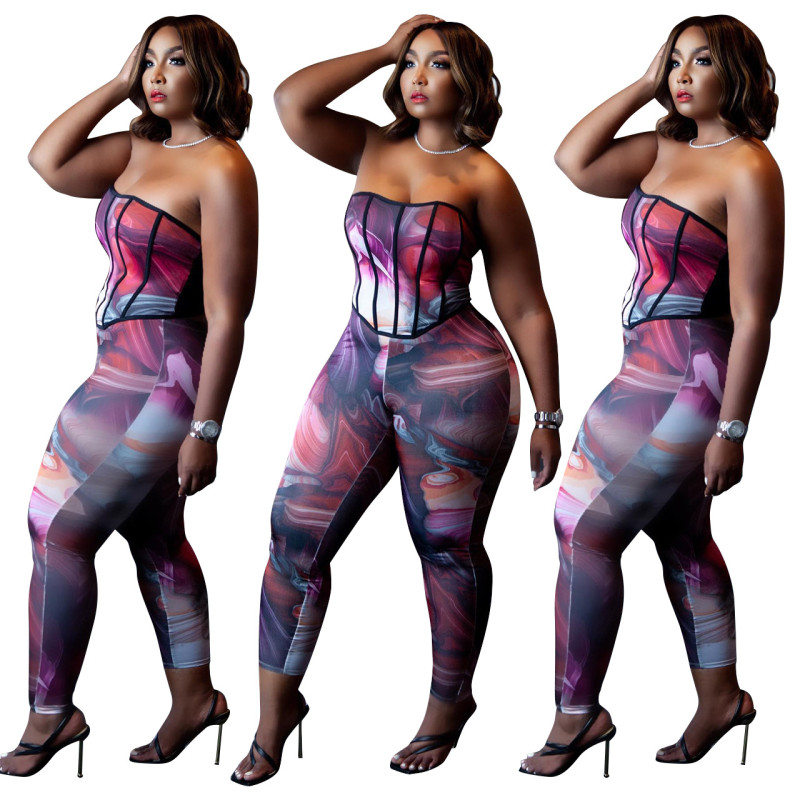 Plus Size Women's Printed Tie-Dye Wrap Pants Two-Piece Set