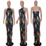 High slit halterneck backless sexy dress