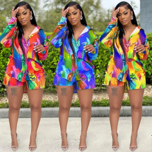 Fashion Print Casual Style Long Sleeve Shorts Two Piece Women's Clothing