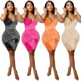 Fashion nightclub hot drill sexy tight V-neck suspender dress women