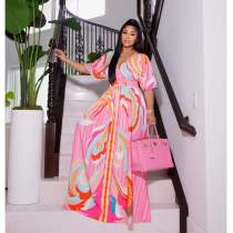 Dress Fashion Casual Positioning Print Butterfly Sleeve Ladies Swing Side Split Long Dress Dress Fashion Casual Positioning Print Butterfly Sleeve Ladies Swing Side Split Long Dress