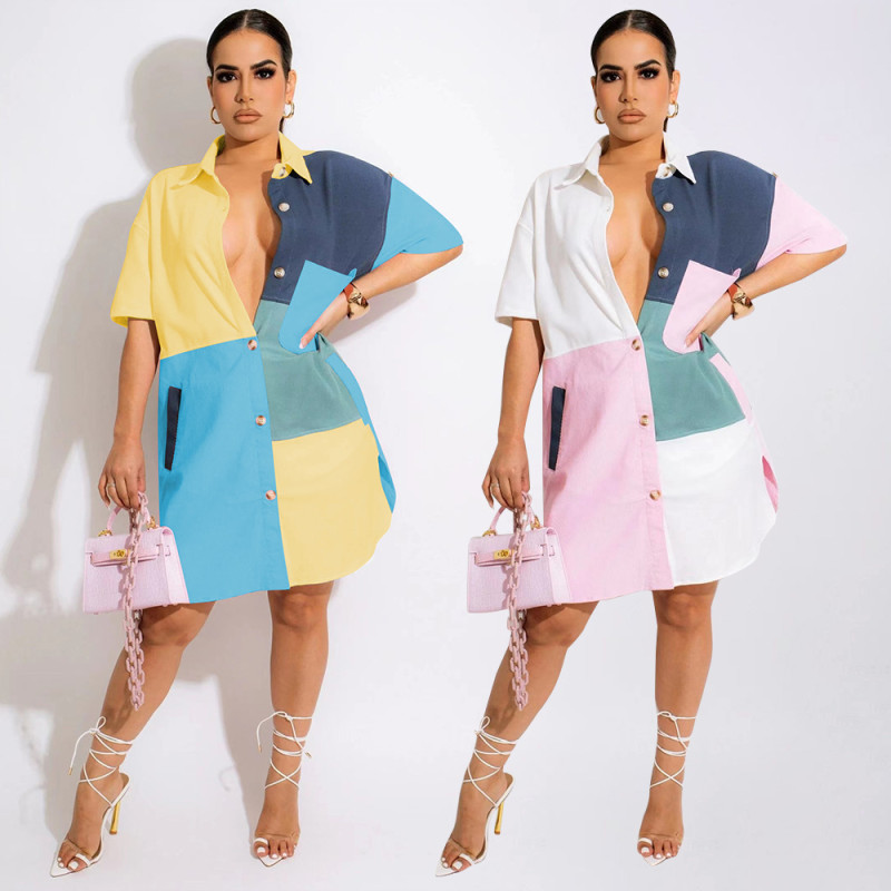 Stylish Multicolor Patchwork Shirt With Waist Slit Dress With Pockets