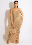 Ladies Long Dress Sexy Wool Strap Knitted Fringe Beach Dress