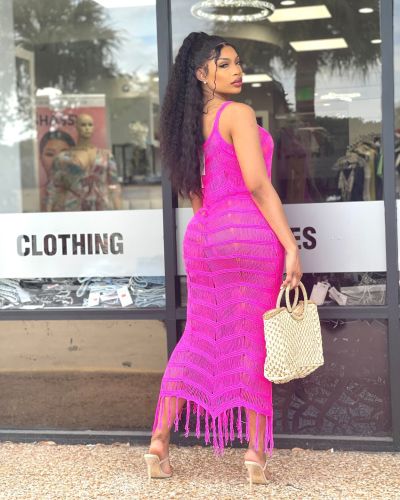 Ladies Long Dress Sexy Wool Strap Knitted Fringe Beach Dress