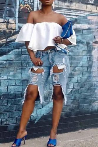 Fashion ripped sexy stretch denim cropped pants