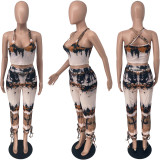 Fashion sexy suspenders V-neck petal positioning print trousers eyelet trousers two-piece set
