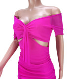 Nightclub clothes mesh pleated slit one-shoulder sexy dress