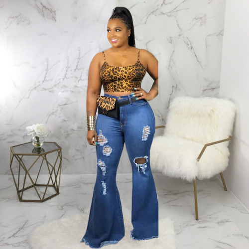 Sexy Fashion Knee Hole Slim Denim Stretch Big Size Fat MM Flared Pants