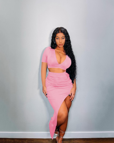 Personalized Solid Color Beveled Long Skirt Short Sleeve Two-piece Set