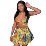 halterneck lace-up printed bikini two-piece pleated skirt