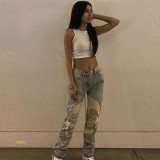 women's sexy mid waist jeans washed cutout straight leg pants