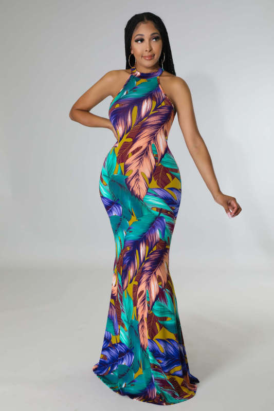 Fashion Colorful Feather Print Sleeveless Dress