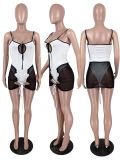 Sexy Bandage Hollow Jumpsuit + Mesh Two-piece Set