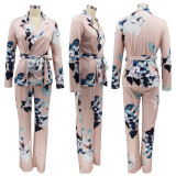 Printed Ladies Casual Cardigan Tie Suit Two Piece Suit