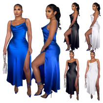 Solid Slip Glossy Side Slit Dress