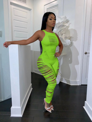 Fashionable and sexy hollow solid color jumpsuit
