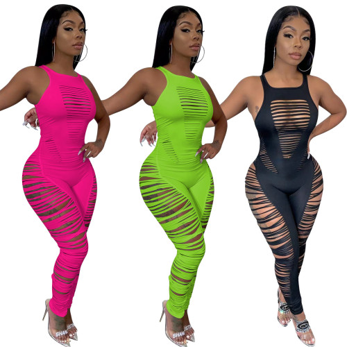 Fashionable and sexy hollow solid color jumpsuit