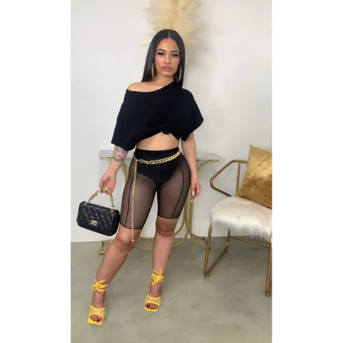 Two-piece set of short T-shirt mesh shorts with exposed navel