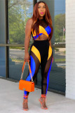 Women's Color Blocking Mesh Sexy Tank Top Trousers Two-Piece Set