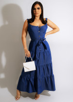 women's denim suspender maxi skirt