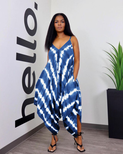 Positioning Print Fashion Loose Sling Slit Jumpsuit