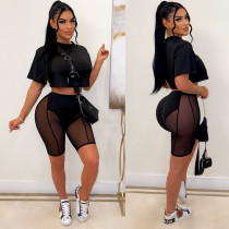 Two-piece set of short T-shirt mesh shorts with exposed navel