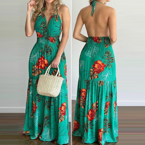 Fashionable suspenders deep v print temperament backless sexy swing dress