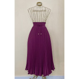Women's Mid Length Fashion High Waist Pleated Drawstring Skirt