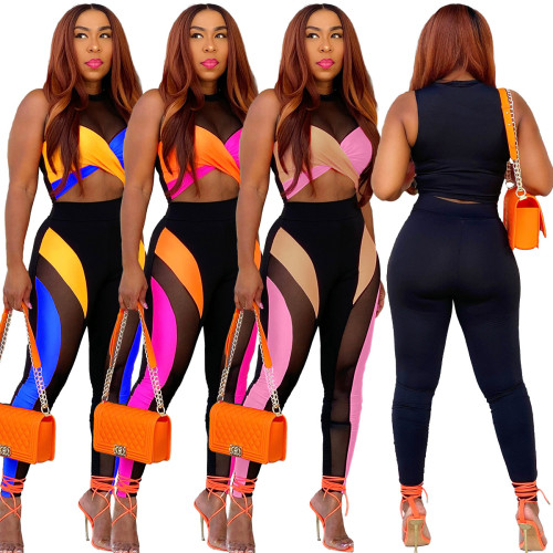 Women's Color Blocking Mesh Sexy Tank Top Trousers Two-Piece Set