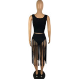 solid color fringed dress nightclub dress two piece set