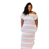 One-way neck milk silk one-step skirt white striped retro short-sleeved temperament with pockets
