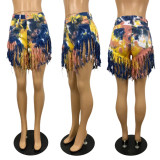 women's tassel transparent bottom tie-dye denim shorts