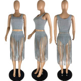 solid color fringed dress nightclub dress two piece set